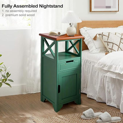 30 Inches Tall End Table, Fully Assembled Bathroom Floor Cabinet with Shelf and Storage, No Assembly Nightstand with Drawer for Bedroom-Brown&Green