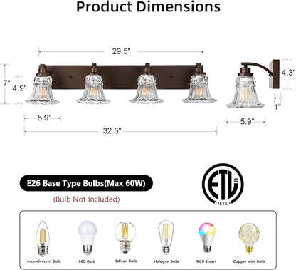Vintage 4-Light Bathroom Vanity Light, Oil Rubbed Bronze Bathroom Light Fixtures with Floral Clear Glass Shades, Antique Wall Sconce Fixtures for Dressing Table, Bedroom