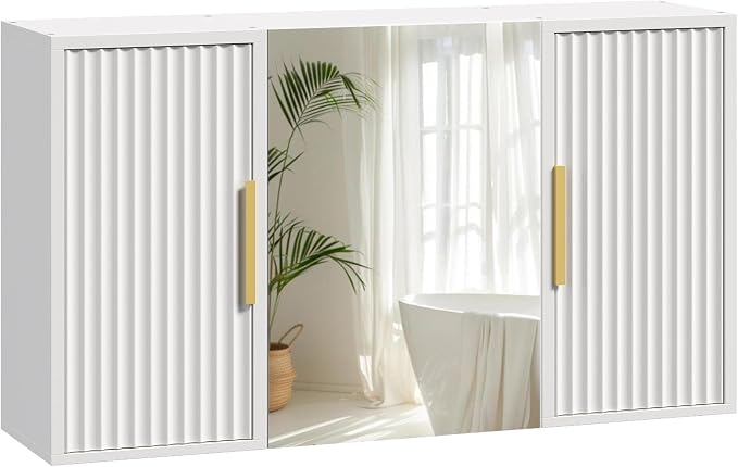 Bathroom Wall Cabinet with Mirror, Medicine Cabinet Mirror, Wall Mounted Medicine Cabinet, Mirrored Door Over The Toilet Storage, for Laundry Room, Bedroom, Camper, Hallway, White