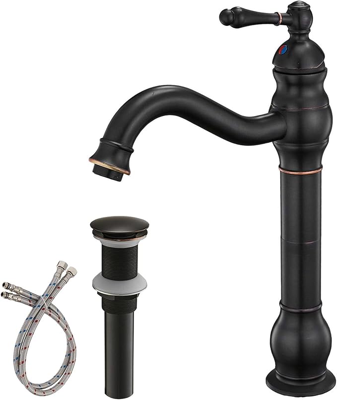 BWE 360° Swivel Bathroom Vessel Sink Faucet Oil Rubbed Bronze Single Handle One Hole Lavatory Mixer Tap with Pop Up Drain Assembly Without Overflow and Supply Line Tap Body