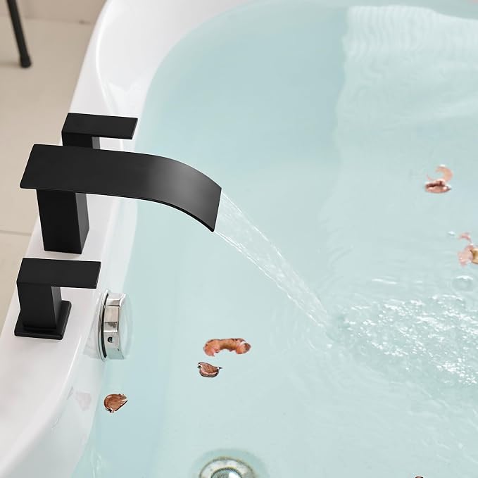 RUMOSE Roman Bathtub Faucet Set Waterfall Tub Faucets Matte Black | High Flow Widespread 6-16 Inch 3 Holes Deck Mount Tub Filler 2 Handles Bathtub Filler Soaking Bath Faucet