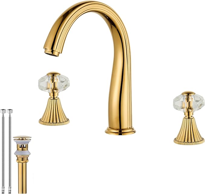 Gold Crystal 3 Hole Sink Vanity 8 Inch Brass 2 Handles 2 Tone Widespread Modern Unique Bathroom Faucets Sets, Antique Lavabo Faucet, Vintage Lavatory Vessel Luxury Mixer Tap with Pop up Drain