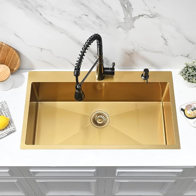 Gold Kitchen Sink, 33x19 Drop In Kitchen Sink Stainless Steel | Top Mount Kitchen Sink 16 Gauge Stainless Steel Deep Single Bowl Sink with Drain Assembly