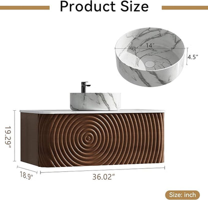 36" Floating Bathroom Vanity with Sink, Mid-Century Wall Mounted Bathroom Vanity Cabinet with Waved Decor, Marble Ceramic Basin, Sintered Stone Top, Soft Close Storage Drawer, Natural