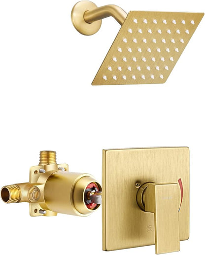 Esnbia Shower Kit, Shower Faucet Set（Valve Included) with 6-Inch Rain Shower Head, Single-Handle Shower Trim Kit, Brushed Gold | Complete tub and shower trim kit with 6-inch rainfall head, single-handle control, tub spout, and valve. Brushed Gold finish.