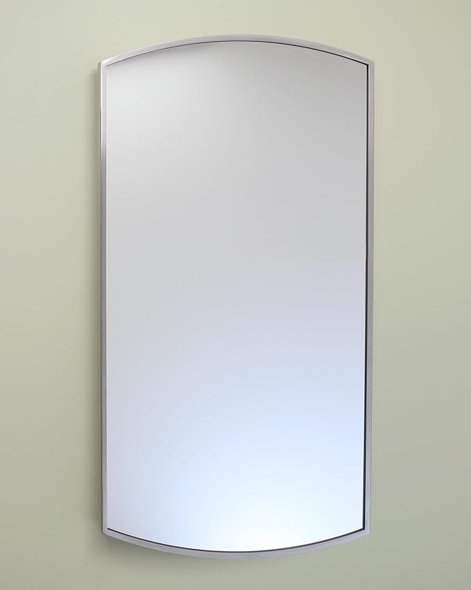 Fox Hollow Furnishings 16x26 Harper Crescent Metal Framed Rectangle Recessed Bathroom Medicine Cabinet, Arced Mirror, 14x24 in-Wall Opening, Adjustable Glass Shelves, Magnet Close, Brushed Nickel