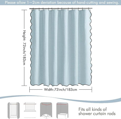 MIULEE Fog Blue Scalloped Linen Shower Curtain 72x72 Inches | Linen Textured, Waterproof, Washable, 12 Metal Hooks, Heavy Duty Cloth, Black Border, Shower Curtain for Bathroom Bathtub