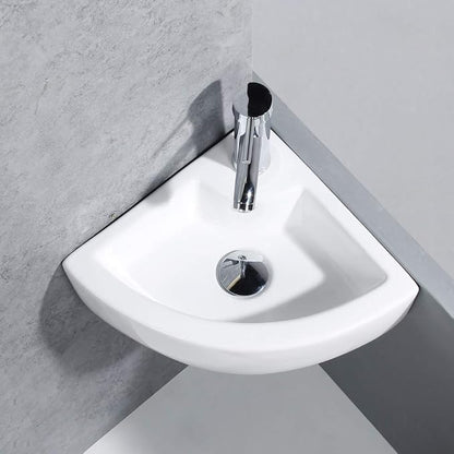Wall Mount Corner Bathroom Sink Triangle Bathroom Basin 12.8x12.8x5.1inch | Glossy ceramic glaze; stain resistant; quick draining bowl; measure wall space pre-order; fits powder room & RV