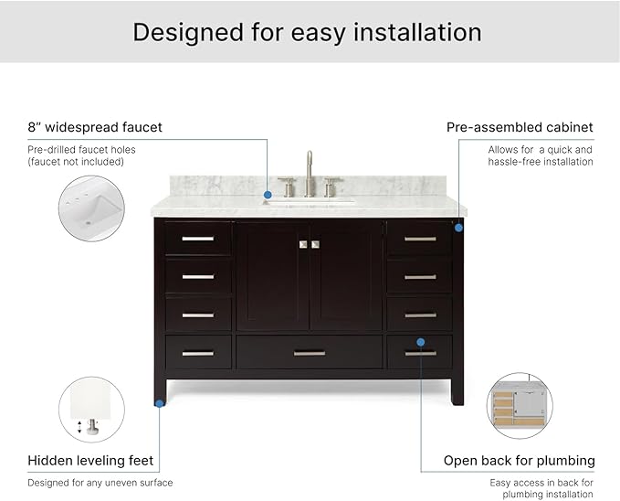 ARIEL Cambridge 54-inch Bathroom Vanity with Sink,Solid Wood, 1.5-inch Italian Carrara Marble Countertop, Single Rectangular Porcelain Sink, 2 Soft Closing Doors, 9 Dovetail Drawers, Espresso