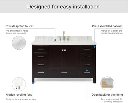 ARIEL Cambridge 54-inch Bathroom Vanity with Sink,Solid Wood, 1.5-inch Italian Carrara Marble Countertop, Single Rectangular Porcelain Sink, 2 Soft Closing Doors, 9 Dovetail Drawers, Espresso