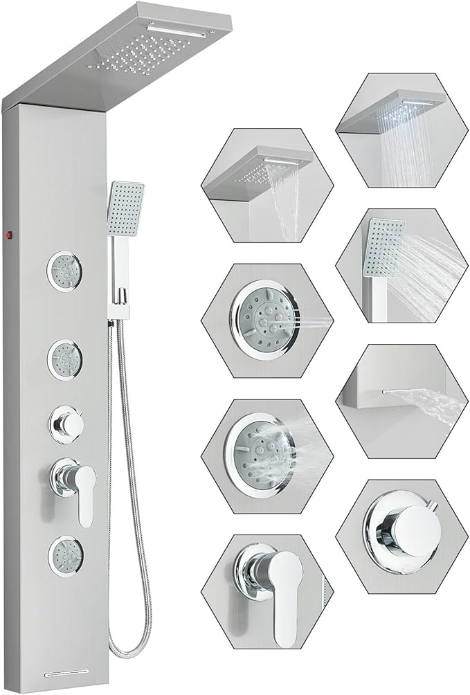 Fuz LED Shower Panel Tower System with Rainfall Waterfall Shower, Brushed Nickel Shower Tower with Jets and Rainfall and Handheld, 5 in 1 Stainless Steel Shower Column High Pressure with Tub Spout