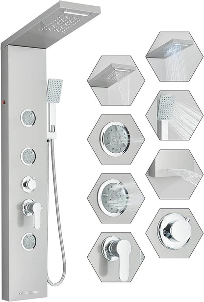 Fuz LED Shower Panel Tower System with Rainfall Waterfall Shower, Brushed Nickel Shower Tower with Jets and Rainfall and Handheld, 5 in 1 Stainless Steel Shower Column High Pressure with Tub Spout