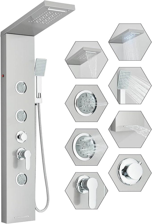 Fuz LED Shower Panel Tower System with Rainfall Waterfall Shower, Brushed Nickel Shower Tower with Jets and Rainfall and Handheld, 5 in 1 Stainless Steel Shower Column High Pressure with Tub Spout