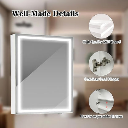 32 x24Inch LED Medicine Cabinet Mirror with Lights for Bathroom, Defogger,Stepless Dimmable,3000K/5500K Color Temperature Wall Mounted Makeup Mirror, Adjustable Shelf (Assembly Required)