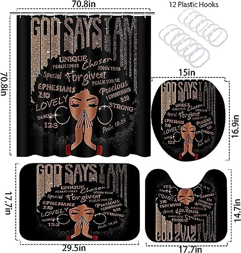 4Pcs Bathroom Shower Curtain Sets, Inspirational Quote Afrcian American Queen Shower Curtains with Rugs Toilet Lid Cover Bath Mat, Praying Black Girl Fabric Home Decorations Bath Mat Sets