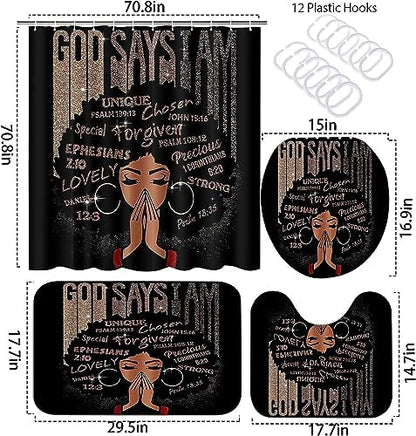4Pcs Bathroom Shower Curtain Sets, Inspirational Quote Afrcian American Queen Shower Curtains with Rugs Toilet Lid Cover Bath Mat, Praying Black Girl Fabric Home Decorations Bath Mat Sets