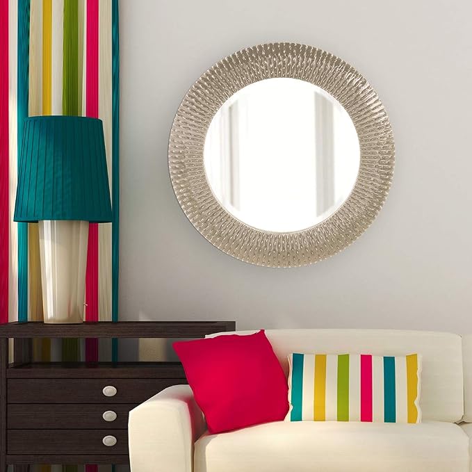 Howard Elliott Collection Bergman Round Wall Mirror, Textured Ribbed Frame with Glossy Nickel Finish, Decorative Accent Mirror, Ready to Hang, 32H x 32W x 1D, Nickel
