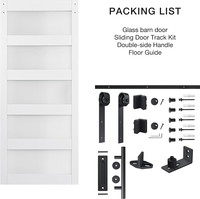 34in x 84in 5-Panel Sliding Glass Barn Door with 4ft Hardware Kit | Easy Assembly with Pre-Drilled Holes, Waterproof, Frosted Glass for Bathroom-Fit Max Opening 32in x 82in