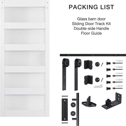34in x 84in 5-Panel Sliding Glass Barn Door with 4ft Hardware Kit | Easy Assembly with Pre-Drilled Holes, Waterproof, Frosted Glass for Bathroom-Fit Max Opening 32in x 82in