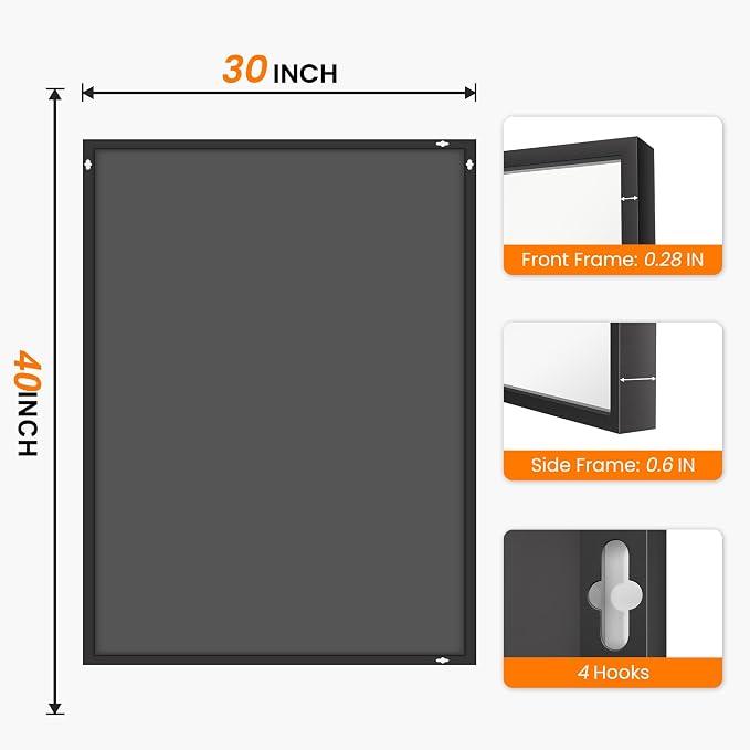 Bathroom Vanity Mirror for Wall, 30"x40" Bathroom Mirror for Over Sink | HD Shatterproof Glass, Rectangular Metal Frame, Horizontally or Vertically, Mirror for Bathroom, Living Room, Entryway(Black)