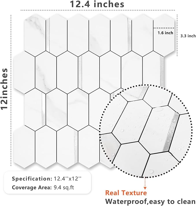 Vamos Tile Long Hexagon Peel and Stick Backsplash Tile - 10 Sheets Stick on Backsplash for Kitchen and Bathroom 12.4 x 12 Inch White Marble Look PVC Mixed Metal Silver Self Adhesive Mosaic Wall Tiles