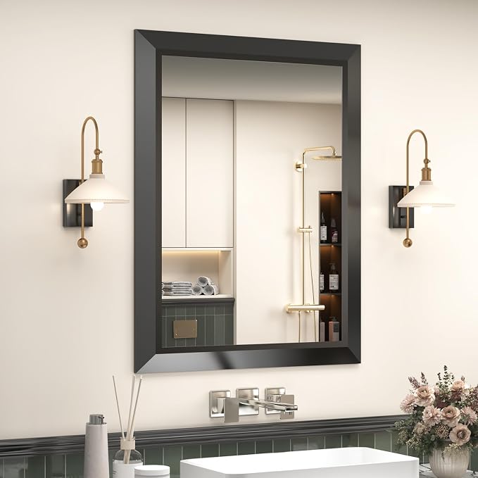 SMIROR 28x36 Matte Black Bathroom Vanity Mirror for Over Sink | Metal Wide Frame, Rectangle, Right- Angle Corner, Anti-Rust, Horizontally or Vertically Wall- Mounted for Home Remodel