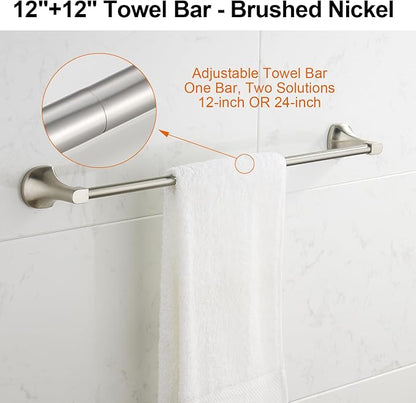 BGL Bathroom Hardware Set Brushed Nickel Adjustable Expandable Towel Bar 4-Piece Bathroom Accessory Set Wall Mounted Robe Hook Toilet Paper Holder Towel Ring Towel Bar