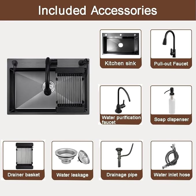 Black Drop in Kitchen Sink, Stainless Steel Single Bowl Sink with 3 Holes, Topmount Workstation Sink, Farmhouse Rectangle Basin with Multiple Accessories (21.7 * 17.7 * 7.9in)