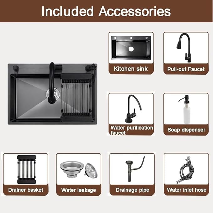 Black Drop in Kitchen Sink, Stainless Steel Single Bowl Sink with 3 Holes, Topmount Workstation Sink, Farmhouse Rectangle Basin with Multiple Accessories (31.5 * 17.7 * 7.9in)