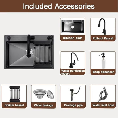 Black Drop in Kitchen Sink, Stainless Steel Single Bowl Sink with 3 Holes, Topmount Workstation Sink, Farmhouse Rectangle Basin with Multiple Accessories (31.5 * 17.7 * 7.9in)