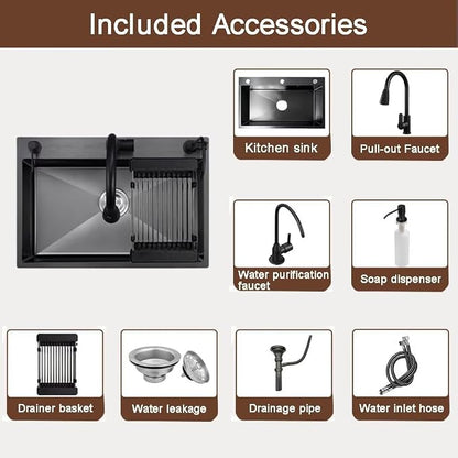Black Drop in Kitchen Sink, Stainless Steel Single Bowl Sink with 3 Holes, Topmount Workstation Sink, Farmhouse Rectangle Basin with Multiple Accessories (29.5 * 17.7 * 7.9in)
