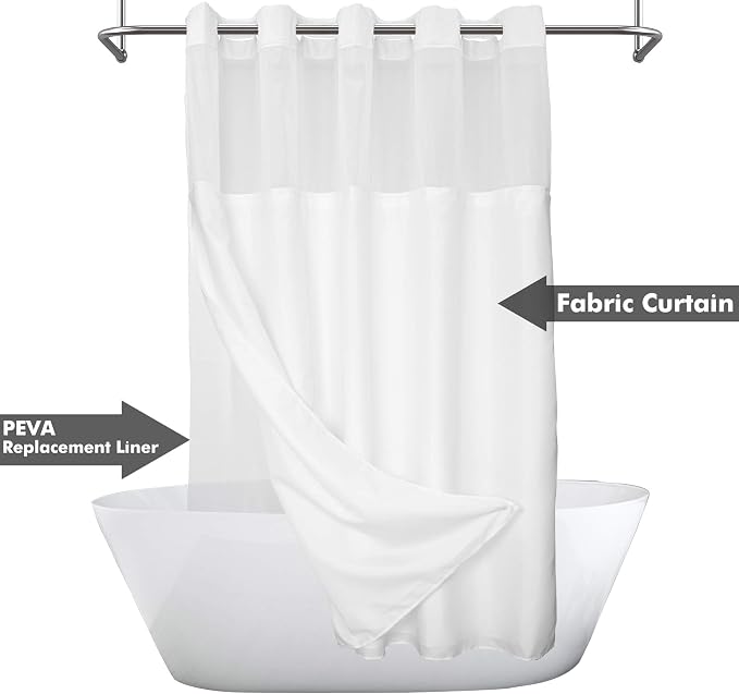 River Dream Long No Hook Slub Textured Shower Curtain with Snap-in PEVA Liner Set - 71" x 80"(78"), Hotel Style with See Through Top Window, Fabric Curtain & Waterproof Liner, White, 71x80 | Snap on/off Waterproof PEVA Liner, See Through Top Window, Sl...