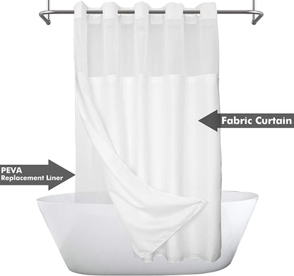 River Dream Long No Hook Slub Textured Shower Curtain with Snap-in PEVA Liner Set - 71" x 80"(78"), Hotel Style with See Through Top Window, Fabric Curtain & Waterproof Liner, White, 71x80 | Snap on/off Waterproof PEVA Liner, See Through Top Window, Sl...