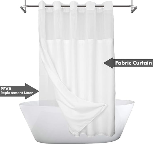 River Dream Long No Hook Slub Textured Shower Curtain with Snap-in PEVA Liner Set - 71" x 80"(78"), Hotel Style with See Through Top Window, Fabric Curtain & Waterproof Liner, White, 71x80 | Snap on/off Waterproof PEVA Liner, See Through Top Window, Sl...