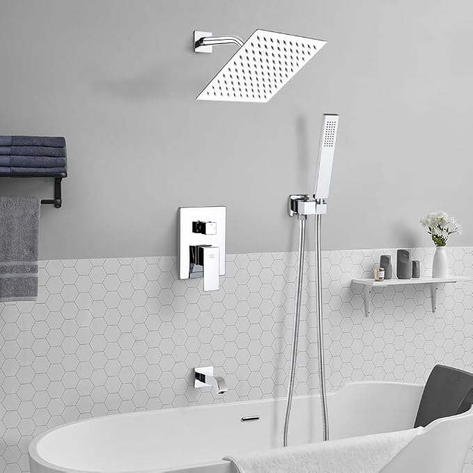 All Metal Shower Tub Faucet Set Chrome Bathroom 8 Inch Shower Head System with Tub Spout Wall Mounted Single Handle Shower Trim Kit with Rough-in Valve