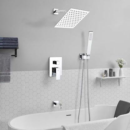 All Metal Shower Tub Faucet Set Chrome Bathroom 8 Inch Shower Head System with Tub Spout Wall Mounted Single Handle Shower Trim Kit with Rough-in Valve