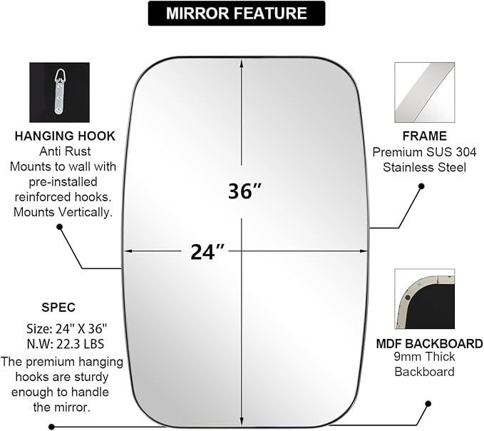 Chrome Bathroom Mirror, 24x36 Inch Polished Chrome Oval Mirror for Bathroom with Stainless Steel Metal Frame, Oblong Mirror for Living Room, Entryway