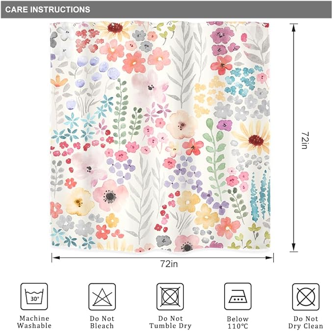 Pink Floral Flower Cute Summer Kids Girls Bathroom Shower Curtain Set | 72"W x 72"H Girly Wildflower Spring; water-repellent HD print, quick-dry fabric with 12 hooks for easy hanging.