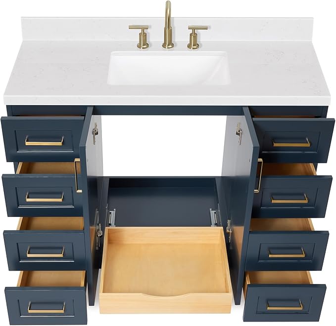 Emilia 48-Inch Bathroom Vanity with Sink — Midnight Blue Single Sink Bathroom Vanity, 1.5" Edge Carrara Quartz Countertop, Solid Wood, 2 Soft Closing Doors, 9 Dovetail Drawers