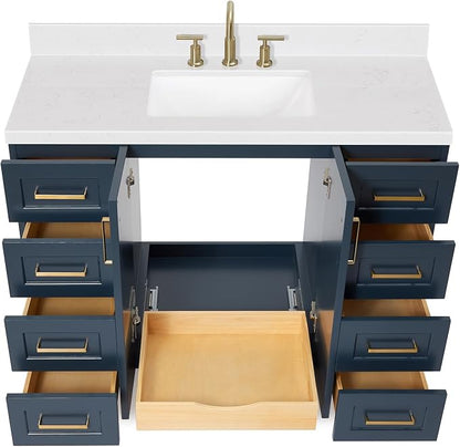 Emilia 48-Inch Bathroom Vanity with Sink — Midnight Blue Single Sink Bathroom Vanity, 1.5" Edge Carrara Quartz Countertop, Solid Wood, 2 Soft Closing Doors, 9 Dovetail Drawers