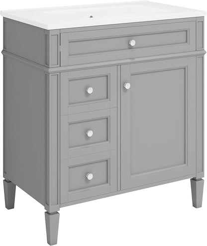 Merax 30 inch Bathroom Vanity with Ceramic Sink, Solid Wood Frame Modern Bathroom Sink Storage Cabinet with 2 Drawers and a Tip-Out Drawer, Single Sink Bathroom Vanities, Grey