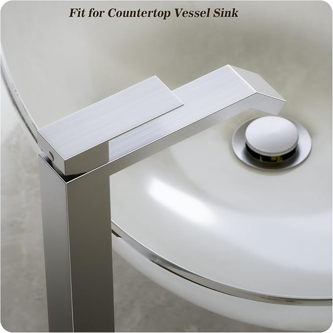 Brushed Nickle Single Hole Tall Above Counter Sink Bathroom Faucet,Single Handle Bathroom Vessel Faucet with Waterfall and Pop Up Drain Without Overflow,FH05-BN-V-VINE