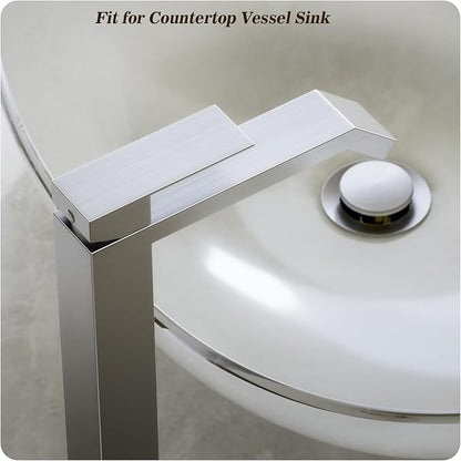 Brushed Nickle Single Hole Tall Above Counter Sink Bathroom Faucet,Single Handle Bathroom Vessel Faucet with Waterfall and Pop Up Drain Without Overflow,FH05-BN-V-VINE
