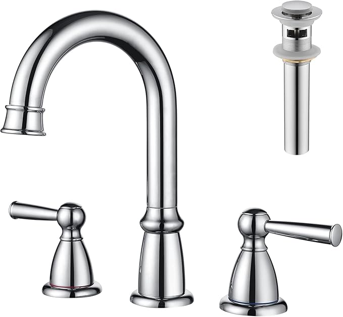 CREA Widespread Bathroom Faucet 3 Hole Chrome 8 inch 2 Handle Faucet with Pop Up Drain 4 in Sink Faucets for Vanity Lavatory Basin Restroom Bath