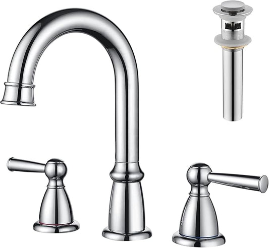 CREA Widespread Bathroom Faucet 3 Hole Chrome 8 inch 2 Handle Faucet with Pop Up Drain 4 in Sink Faucets for Vanity Lavatory Basin Restroom Bath