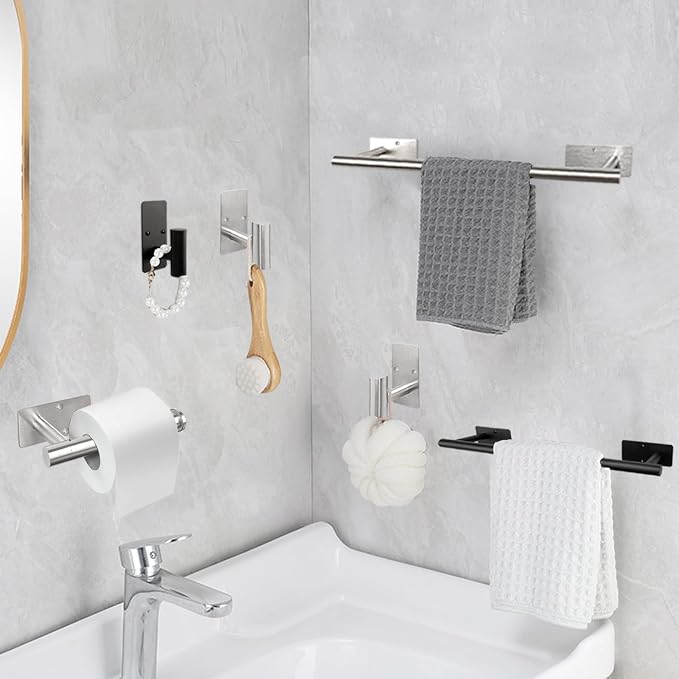5 PCS Self Adhesive Bathroom Hardware Set,Stainless Steel Towel Rack Set Include 16In Bath Towel Bar+Toilet Paper Holder+3 Towel/Robe Hooks Wall Mounted Bathroom Accessory Kit(Brushed Nickel)