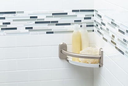 Moen LR2354DBN Bathroom Safety 9-Inch Curved Bathroom Grab Bar with Integrated Corner Shelf, Brushed Nickel