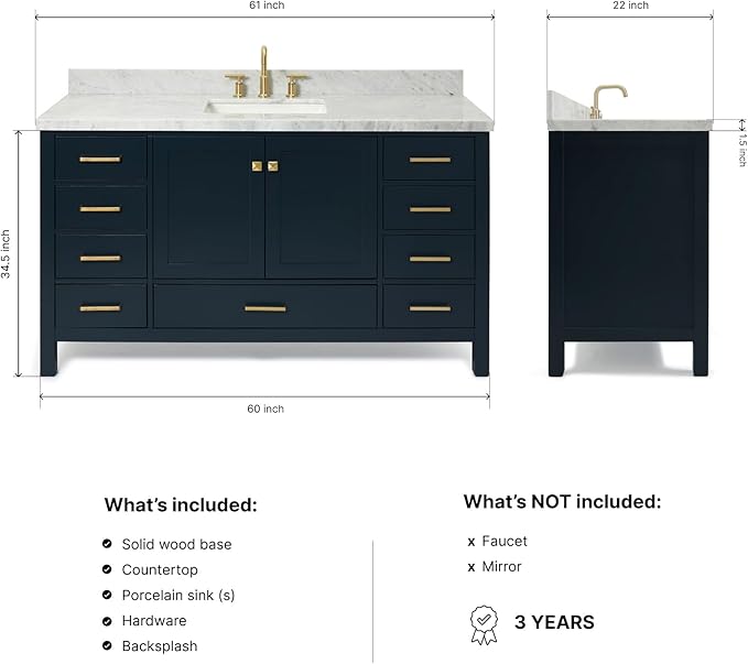 ARIEL Cambridge 60-inch Bathroom Vanity with Sink,Solid Wood, 1.5-inch Italian Carrara Marble Countertop, Single Rectangular Porcelain Sink, 2 Soft Closing Doors, 9 Dovetail Drawers, Midnight Blue