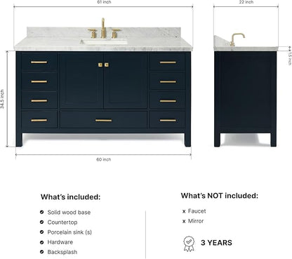ARIEL Cambridge 60-inch Bathroom Vanity with Sink,Solid Wood, 1.5-inch Italian Carrara Marble Countertop, Single Rectangular Porcelain Sink, 2 Soft Closing Doors, 9 Dovetail Drawers, Midnight Blue