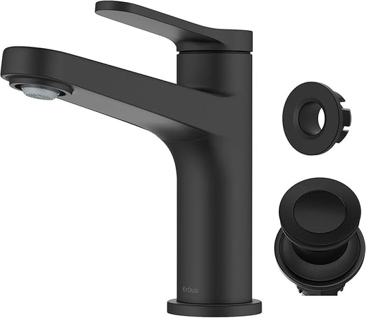 Black faucet set with handle and drain on a white background